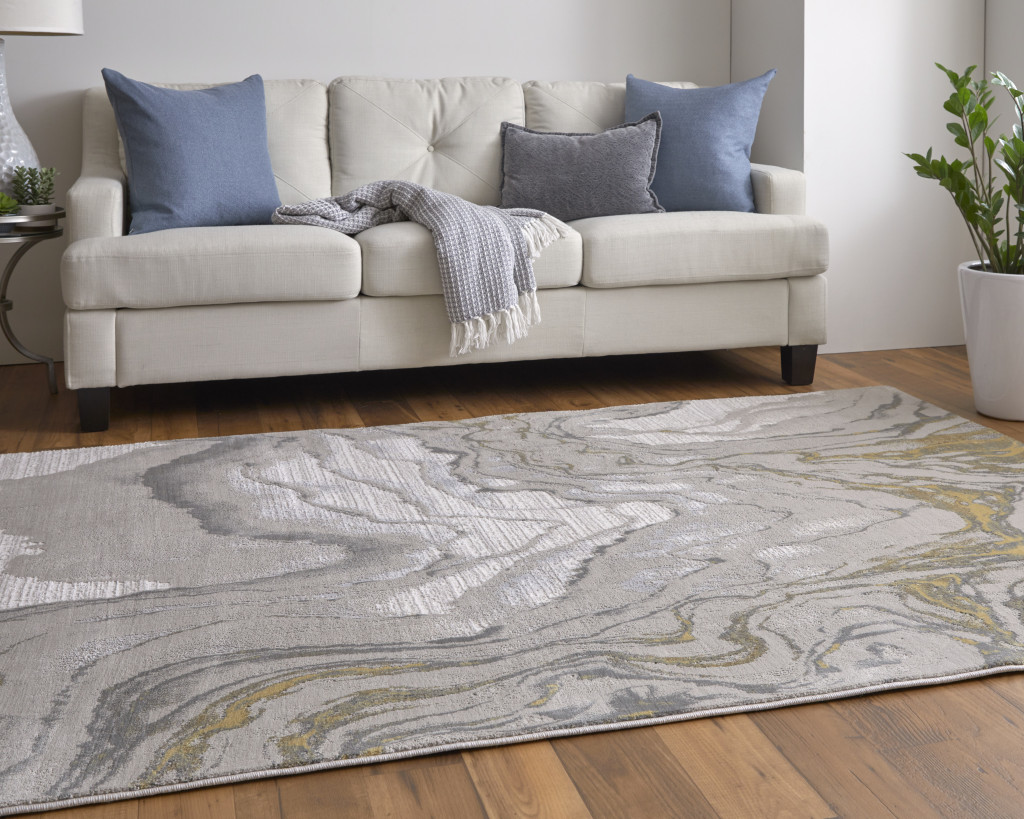 7" X 10" Gold Ivory and Gray Abstract Area Rug