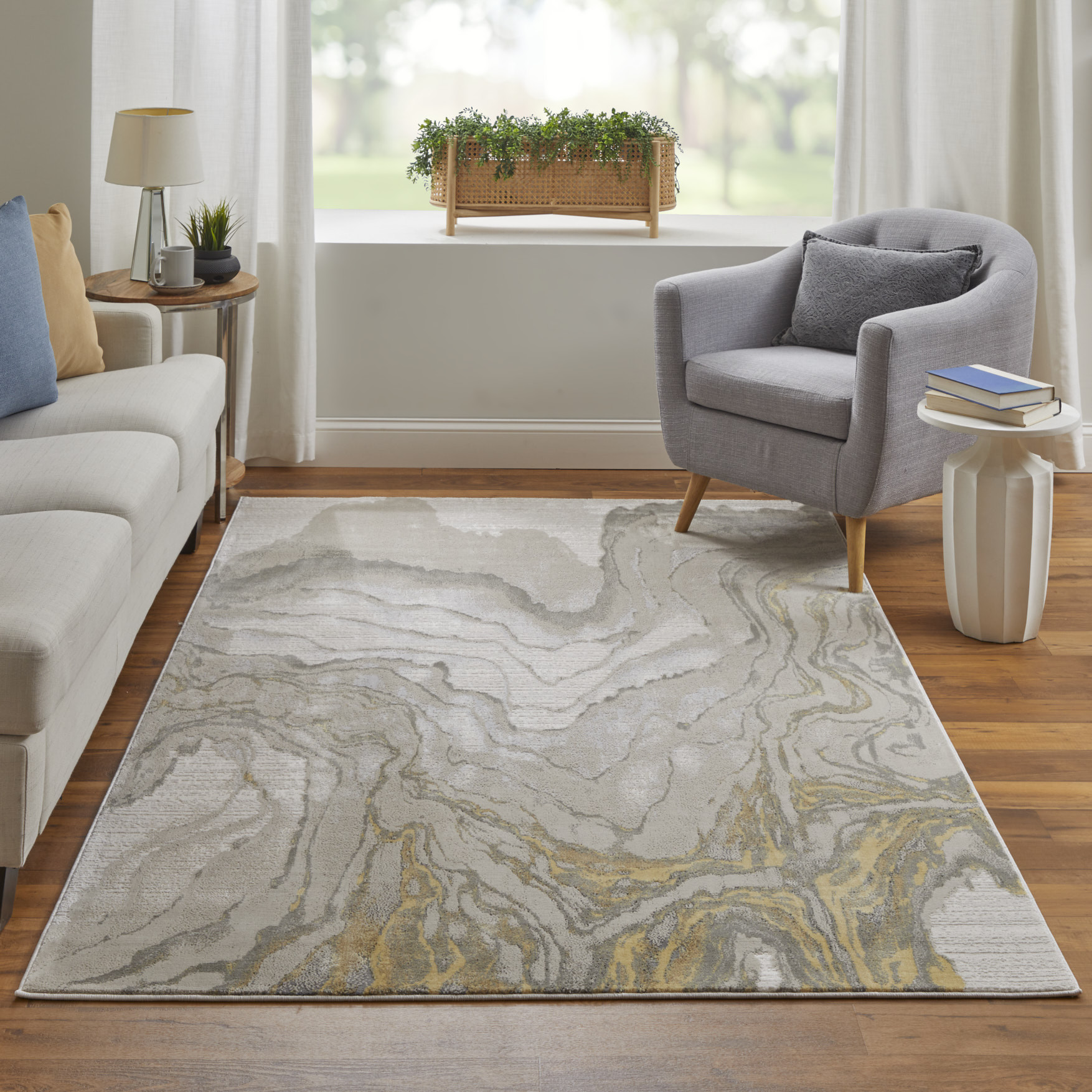 8" X 11" Gold and Ivory Abstract Area Rug