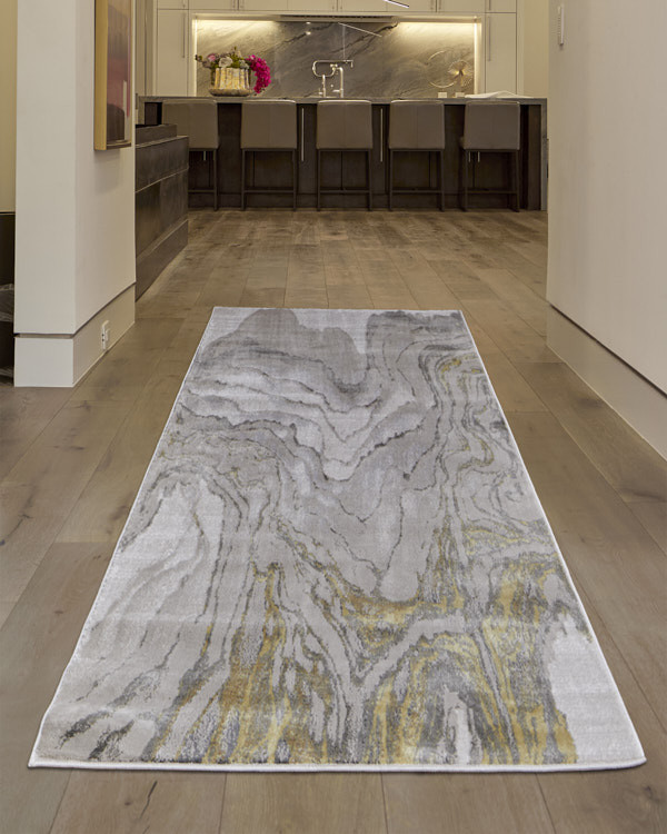 8" Gold and Ivory Abstract Runner Rug