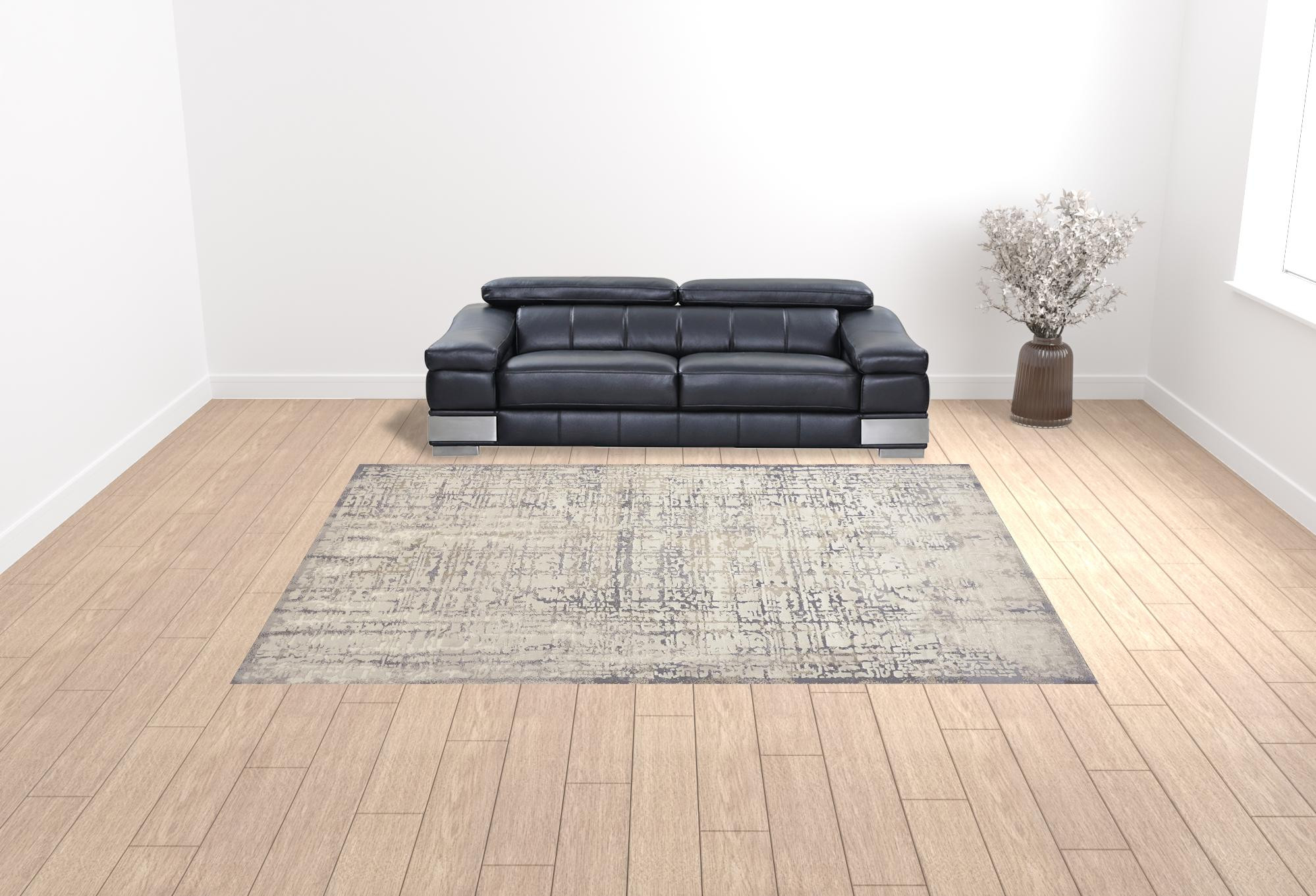 10" X 13" Ivory And Gray Abstract Stain Resistant Area Rug