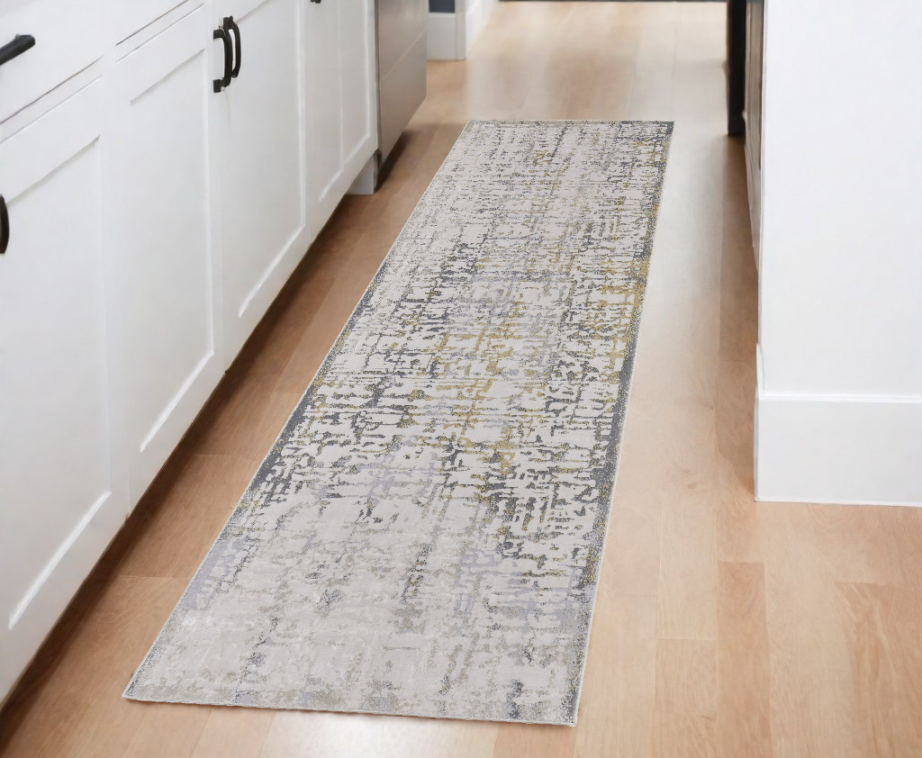 8" Ivory and Gray Abstract Distressed Runner Rug