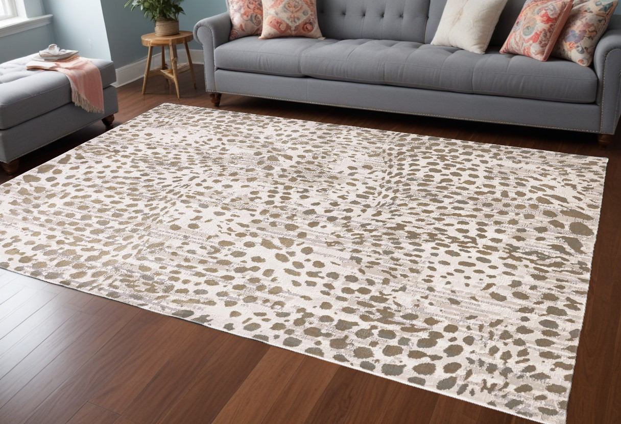 7" X 10" Brown And Ivory Abstract Stain Resistant Area Rug