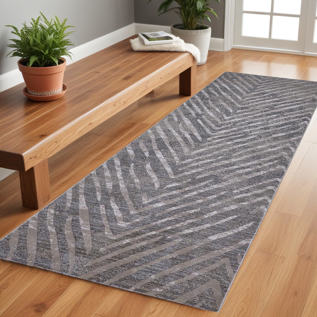 8" Gray and Silver Abstract Distressed Runner Rug