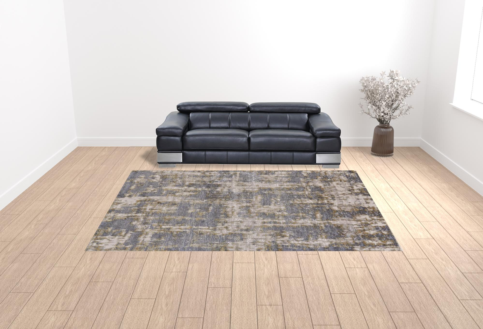 10" X 13" Gray And Gold Abstract Stain Resistant Area Rug