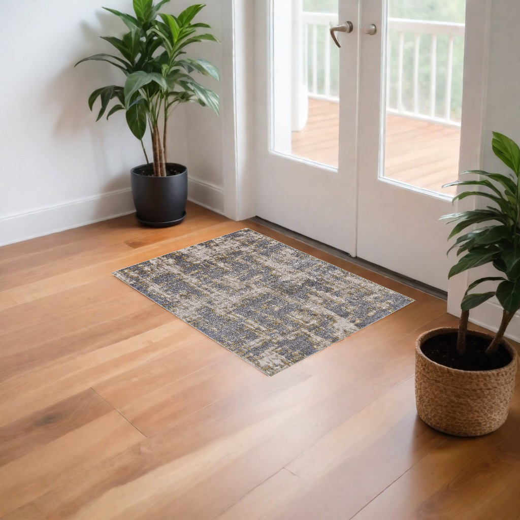 2" X 3" Gray And Gold Abstract Stain Resistant Area Rug