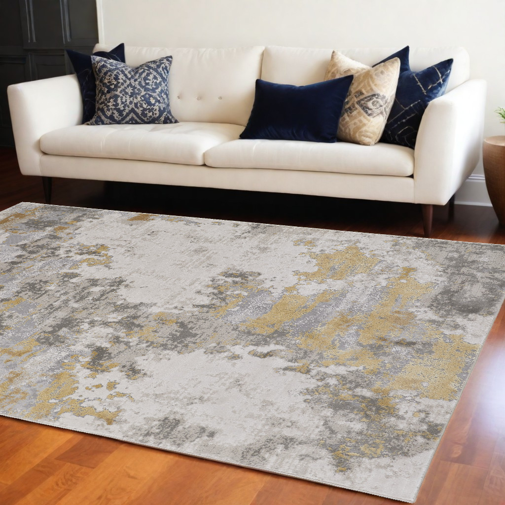 7' X 10' Ivory Gold And Gray Abstract Stain Resistant Area Rug-511786-1