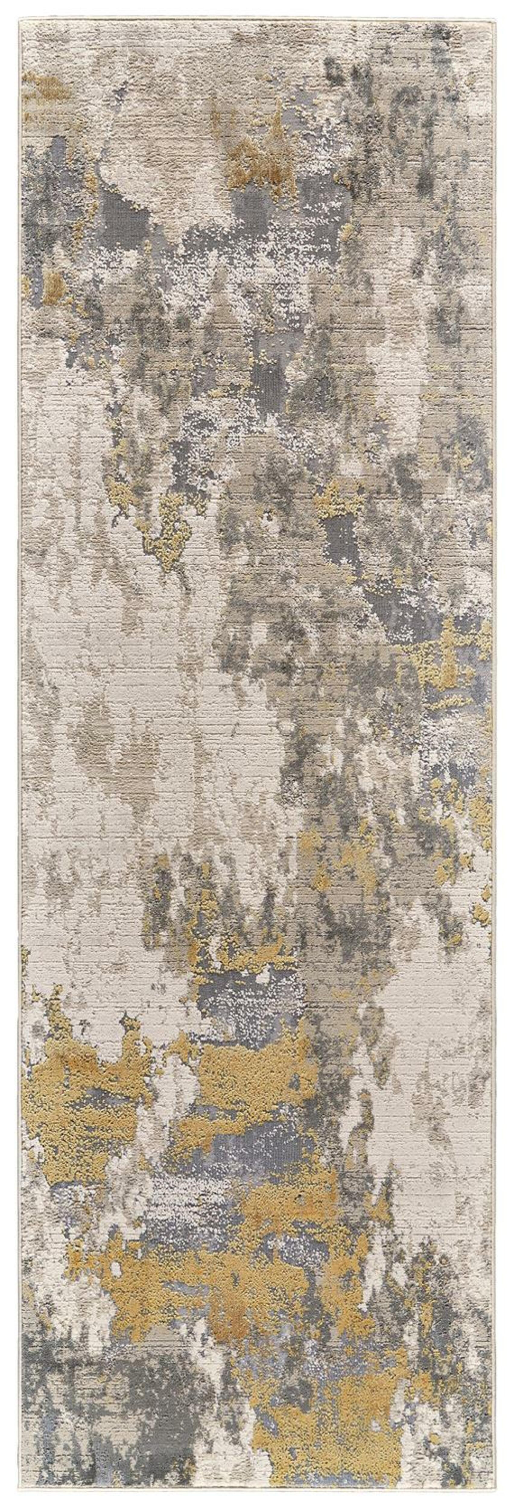 8" Ivory Gray and Gold Abstract Runner Rug