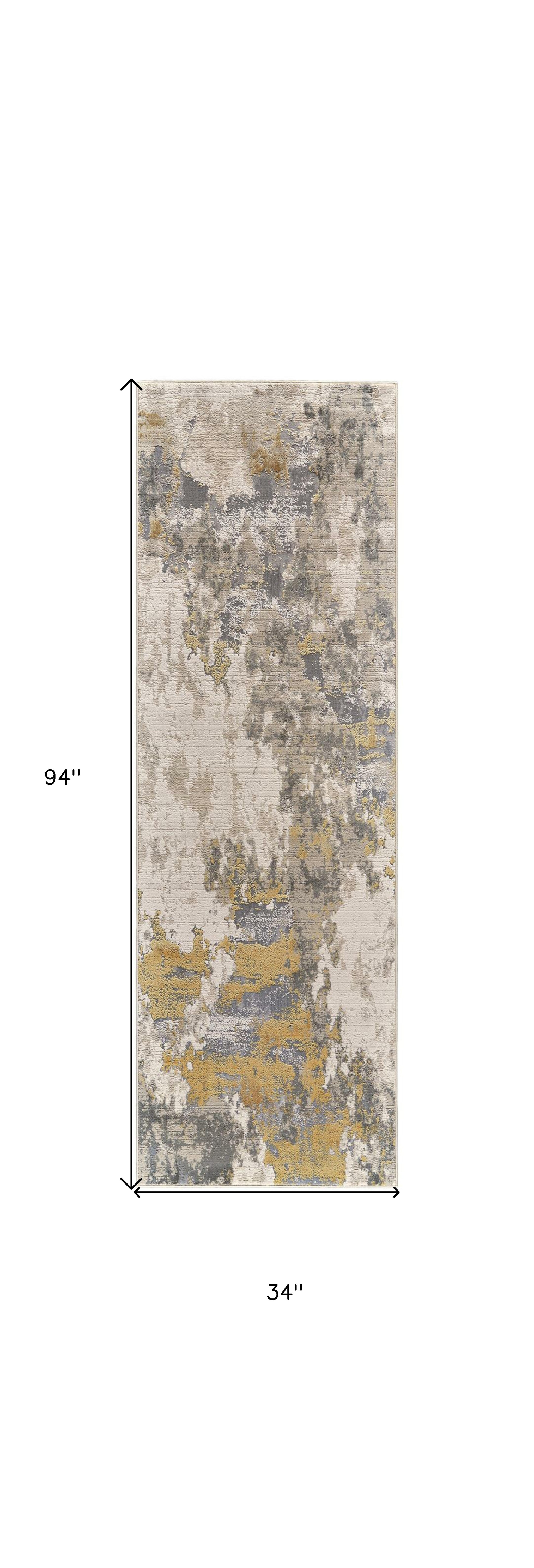 8" Ivory Gray and Gold Abstract Runner Rug