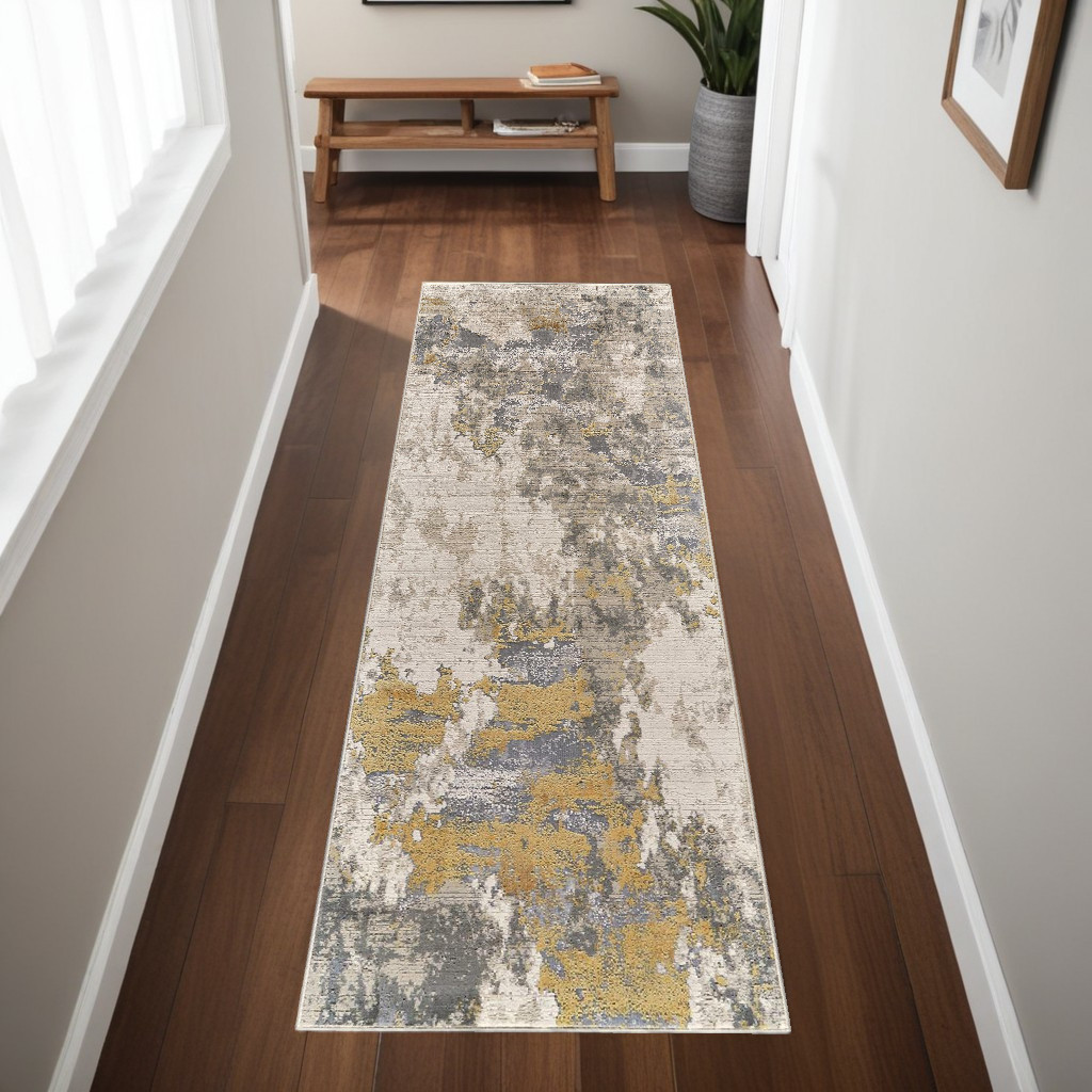 8" Ivory Gray and Gold Abstract Runner Rug