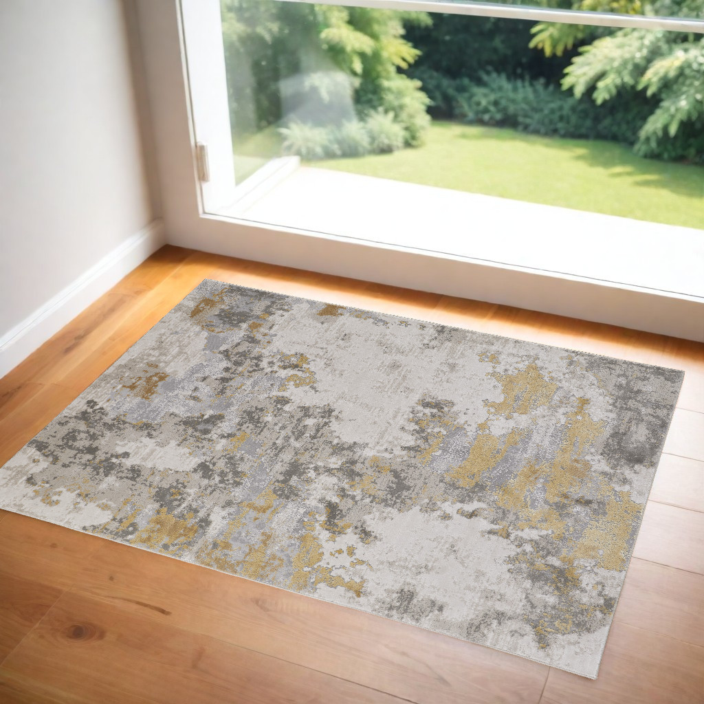 2' X 3' Ivory Gold And Gray Abstract Stain Resistant Area Rug-511791-1