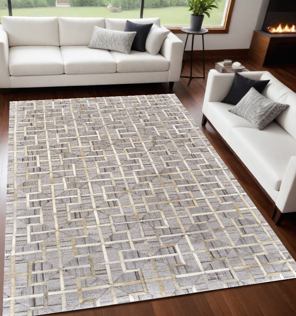 5" X 8" Gray Ivory And Brown Geometric Hand Woven Area Rug