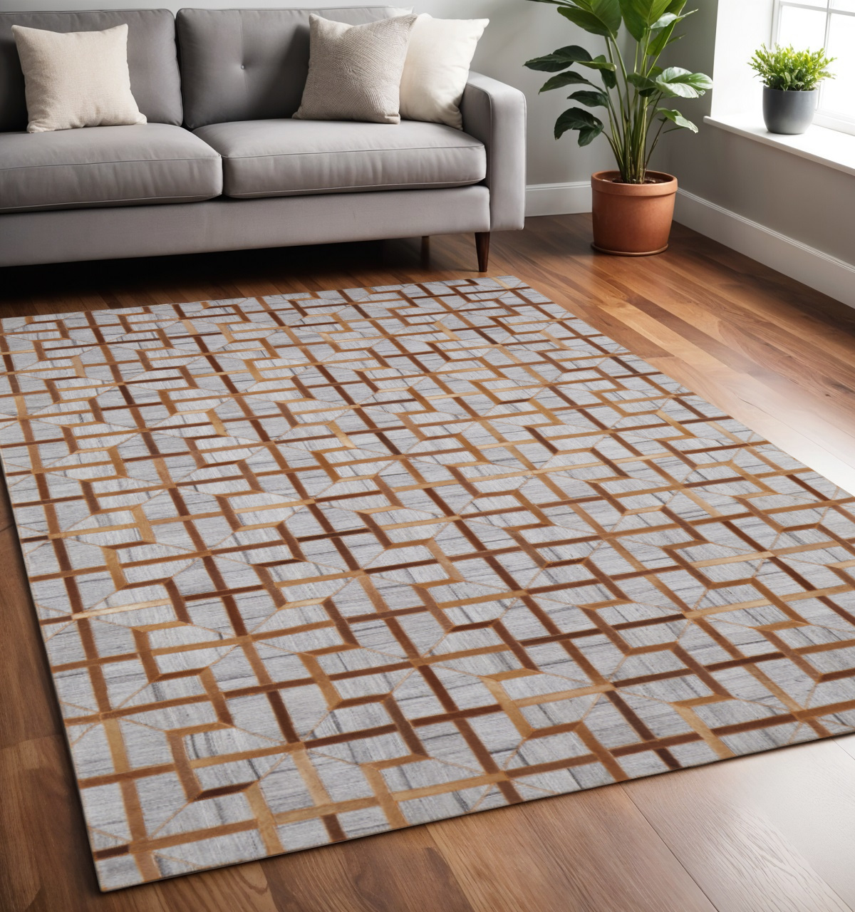 5" X 8" Tan and Brown Geometric Hand Woven Area Rug