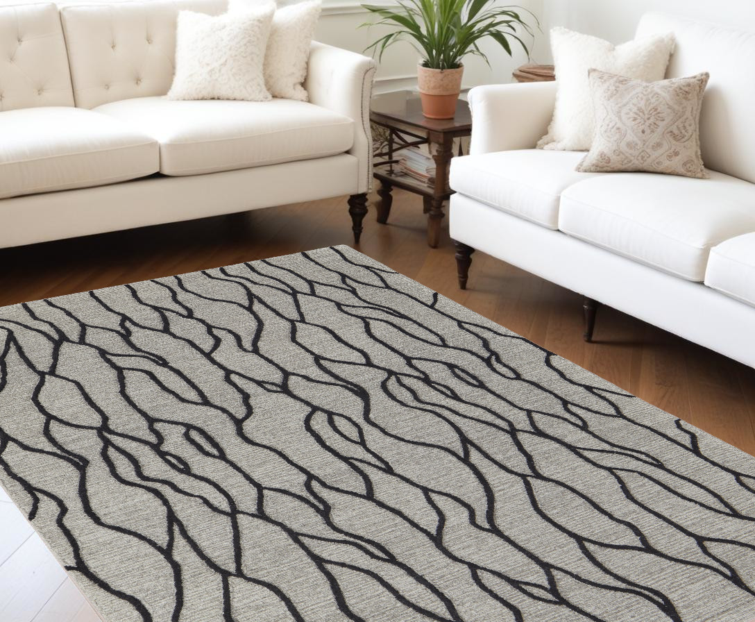 10" X 13" Taupe Black And Gray Wool Abstract Tufted Handmade Stain Resistant Area Rug