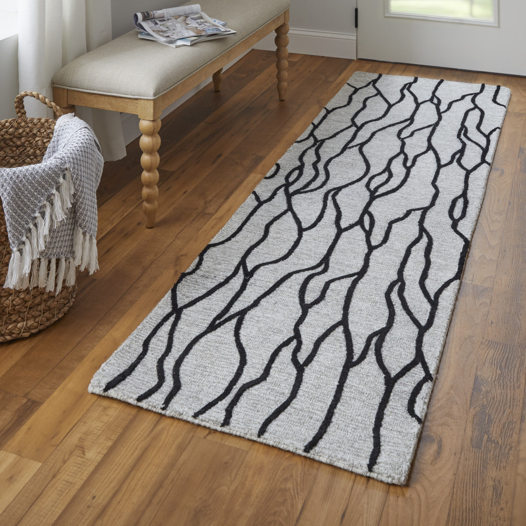 8" Black and Taupe Abstract Hand Tufted Runner Rug