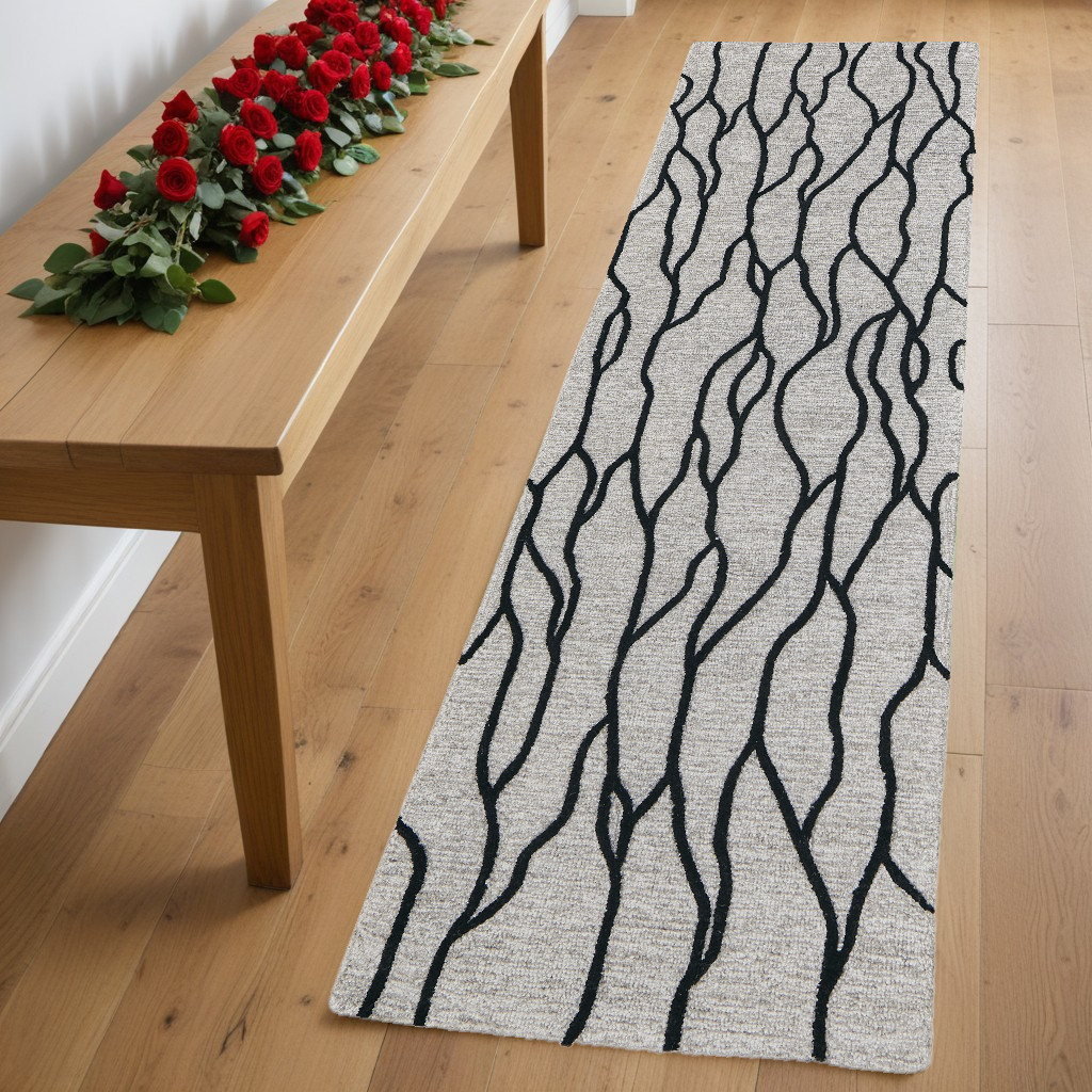 8" Black and Taupe Abstract Hand Tufted Runner Rug