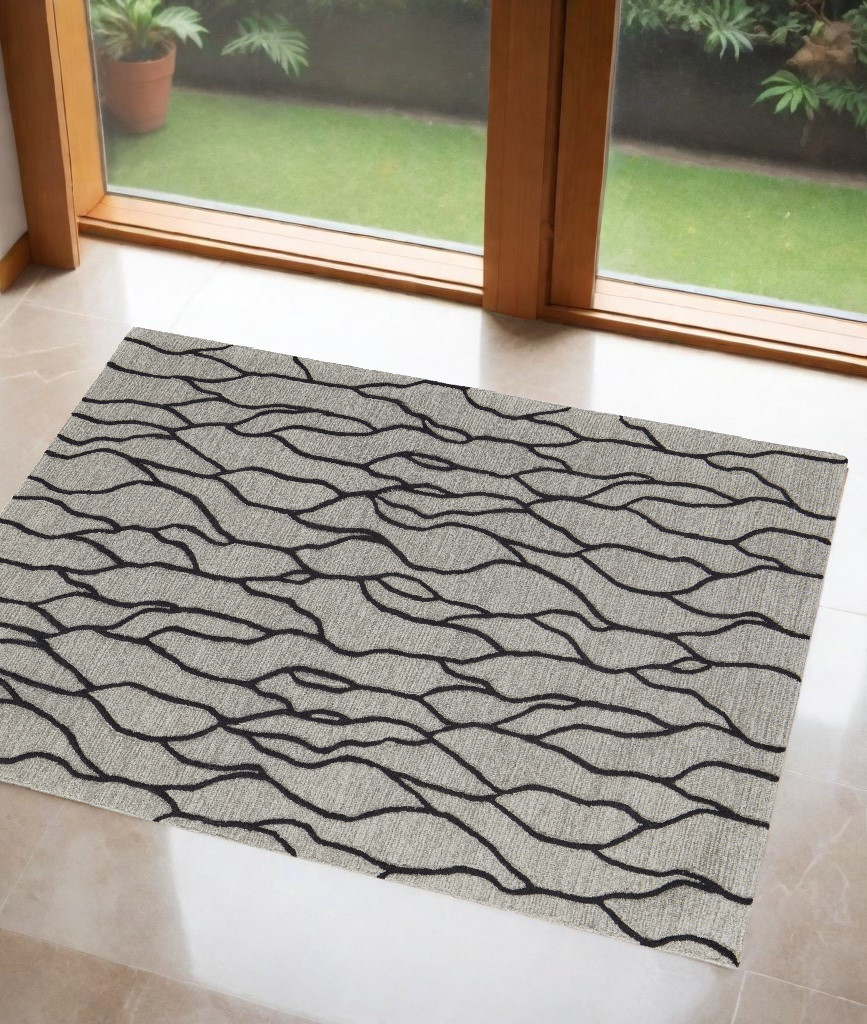 2" X 3" Taupe Black And Gray Wool Abstract Tufted Handmade Stain Resistant Area Rug