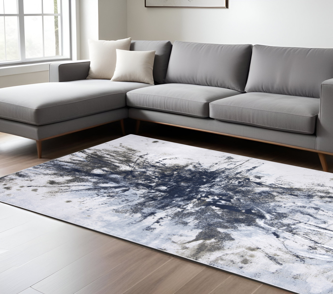 7" X 10" Blue and Gray Abstract Non Skid Area Rug