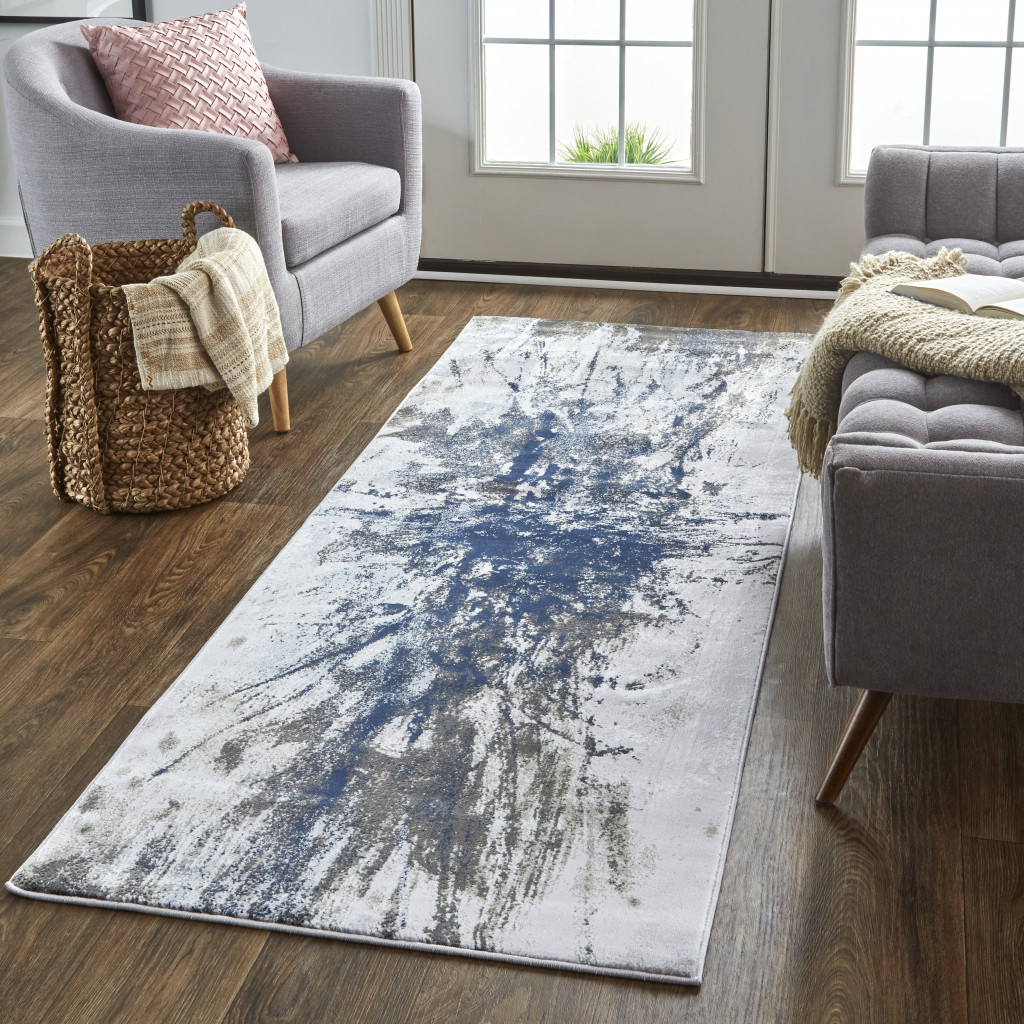 8 Blue gray And White Abstract Stain Resistant Runner Rug