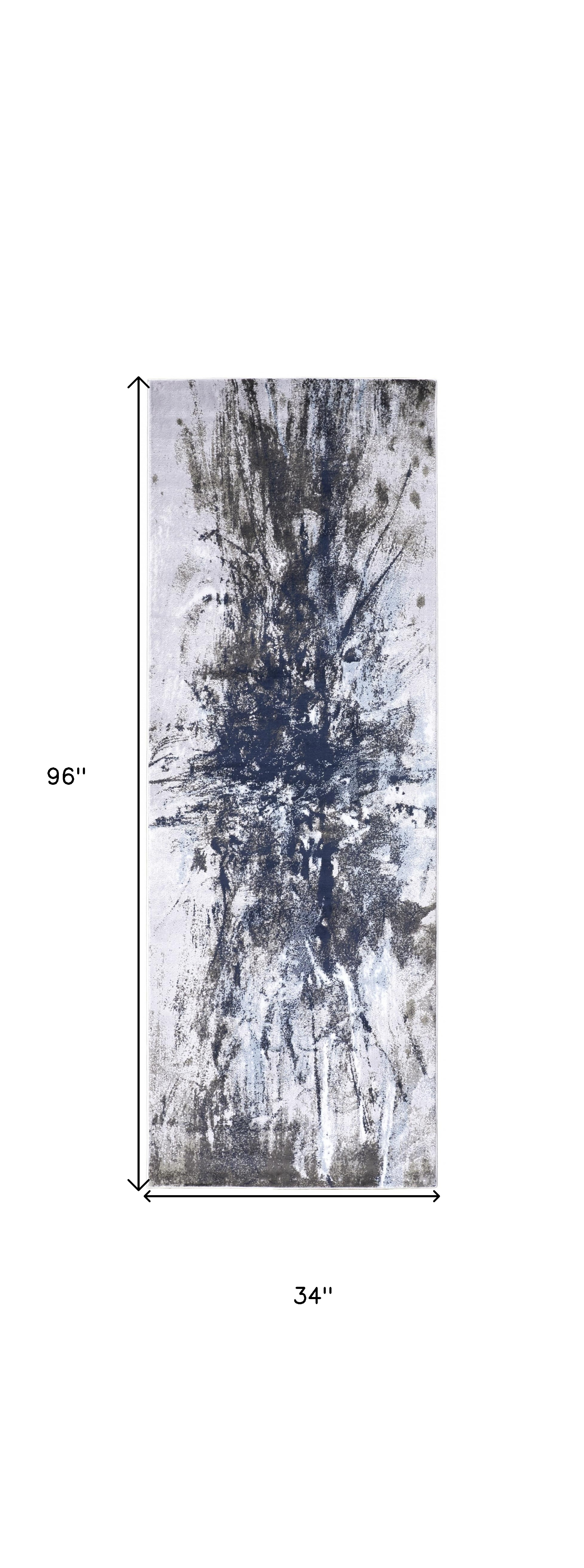 8" Blue Gray And White Abstract Stain Resistant Runner Rug