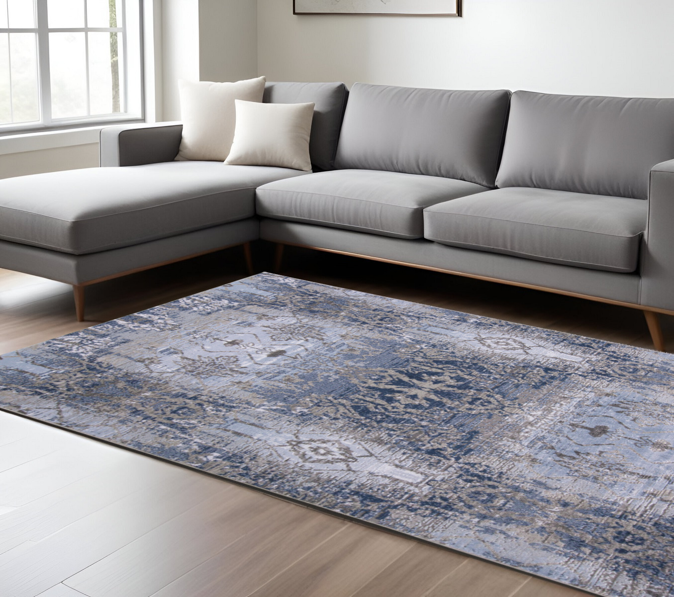 8" X 11" Gray and Ivory Abstract Non Skid Area Rug