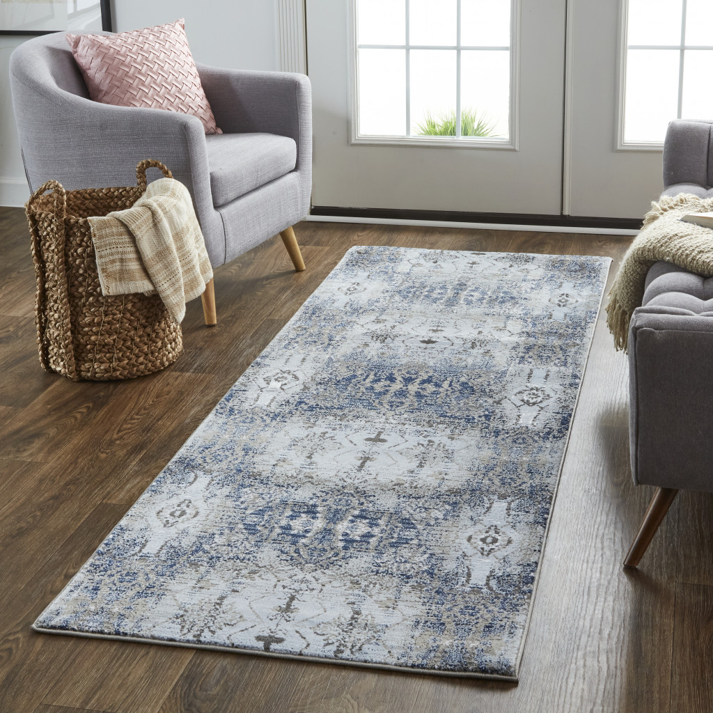 8 Blue gray And Taupe Abstract Stain Resistant Runner Rug