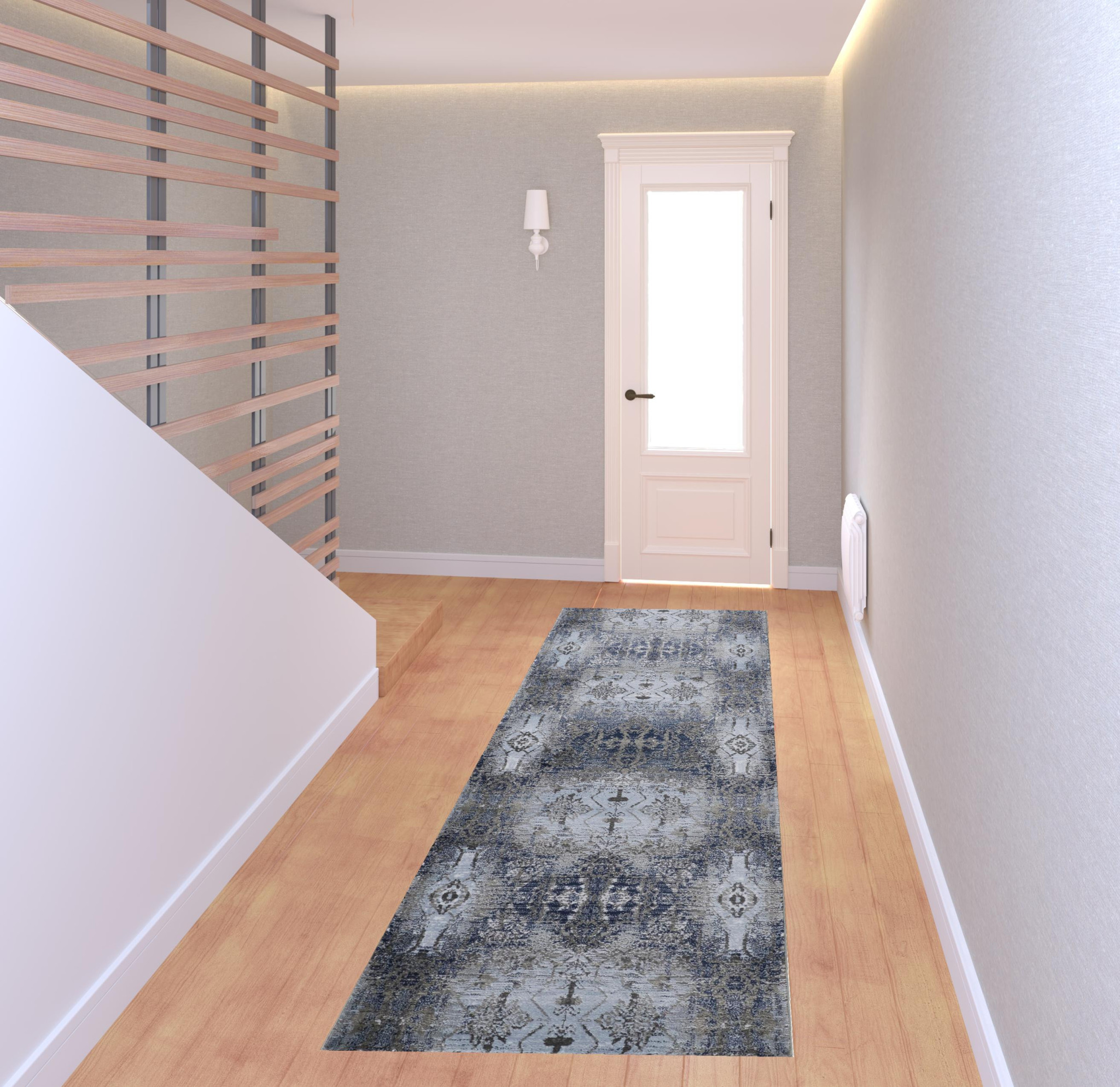 8 Blue gray And Taupe Abstract Stain Resistant Runner Rug