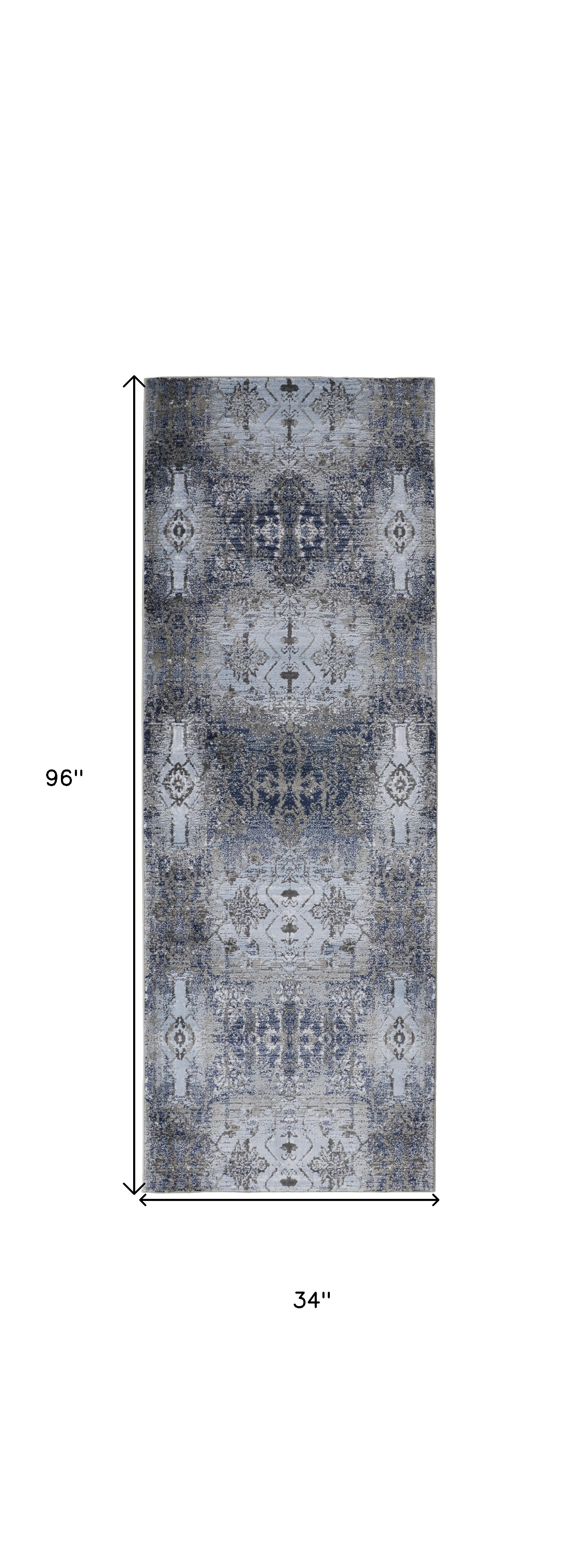 8" Blue Gray And Taupe Abstract Stain Resistant Runner Rug