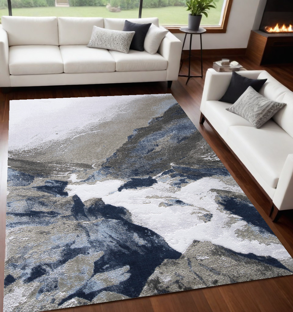 5" X 7" Blue Gray And White Abstract Stain Resistant Area Rug
