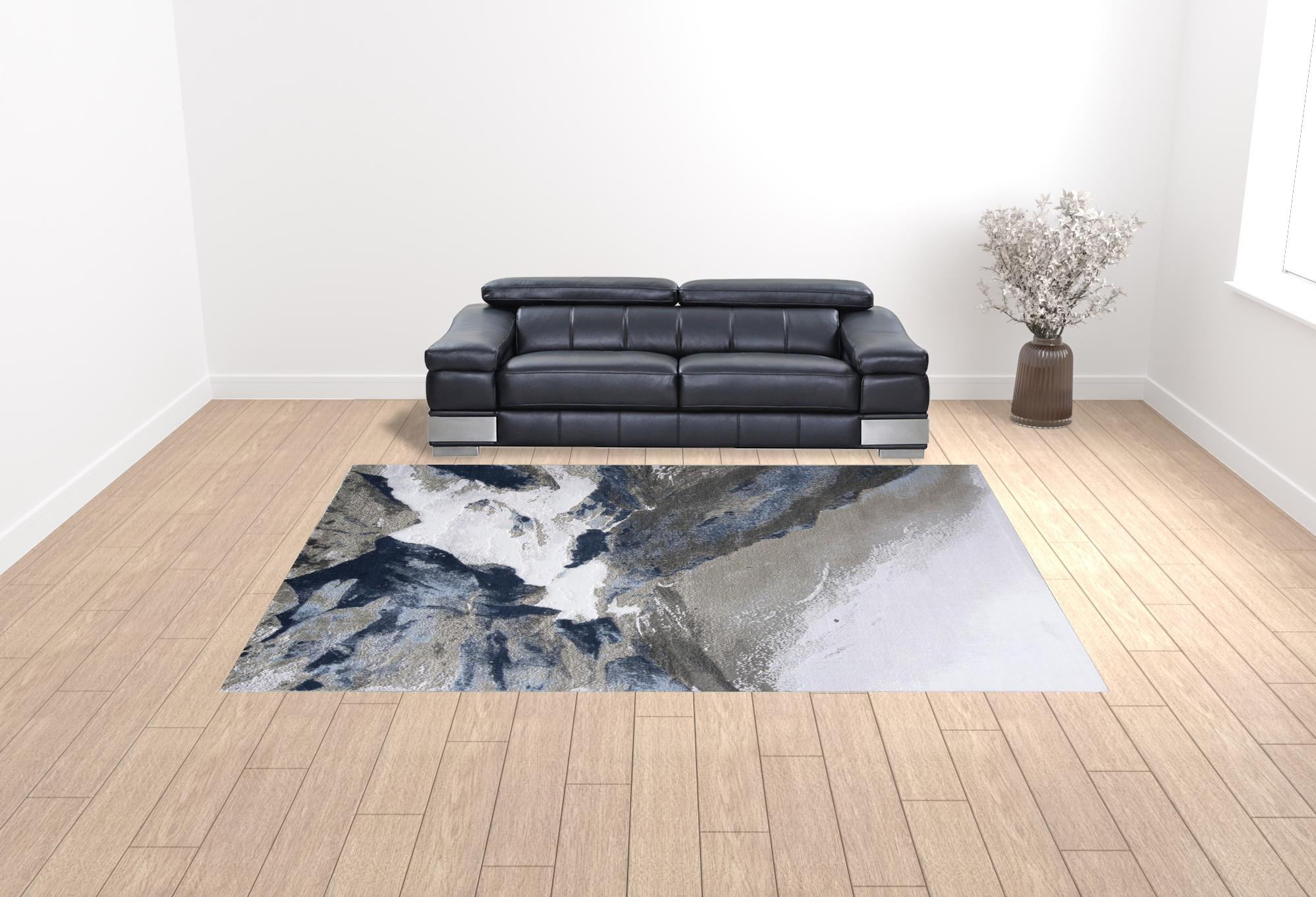 10" X 14" Blue Gray And White Abstract Area Rug