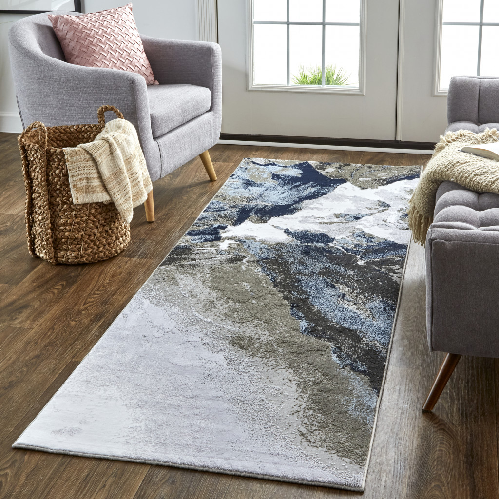 8" Blue Gray And White Abstract Stain Resistant Runner Rug