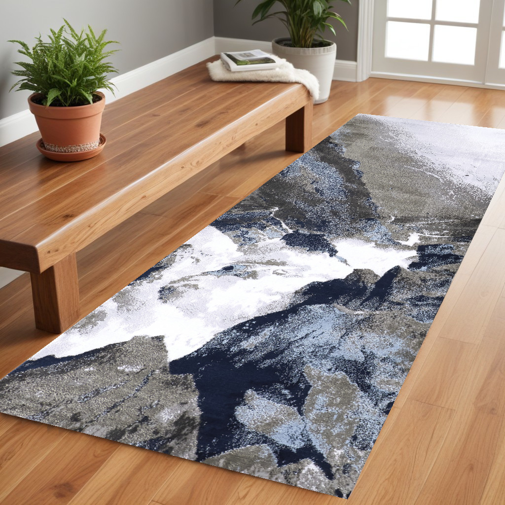 8" Blue Gray And White Abstract Stain Resistant Runner Rug