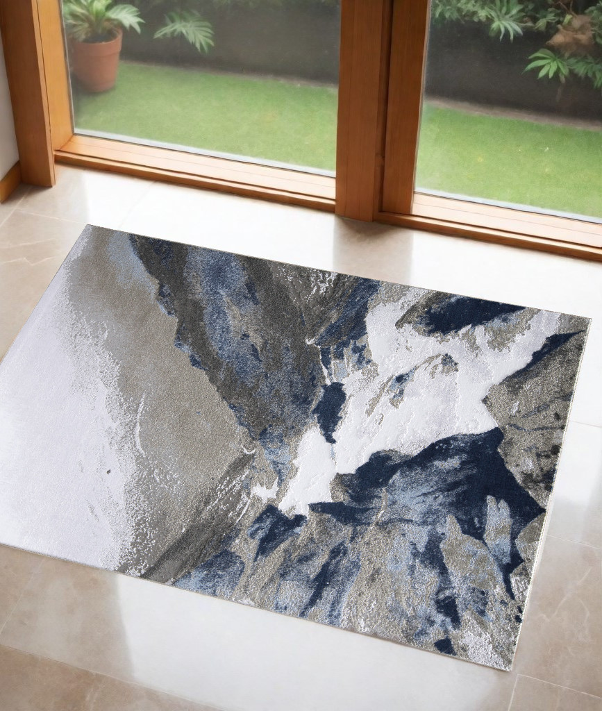 2" X 3" Blue Gray And White Abstract Area Rug
