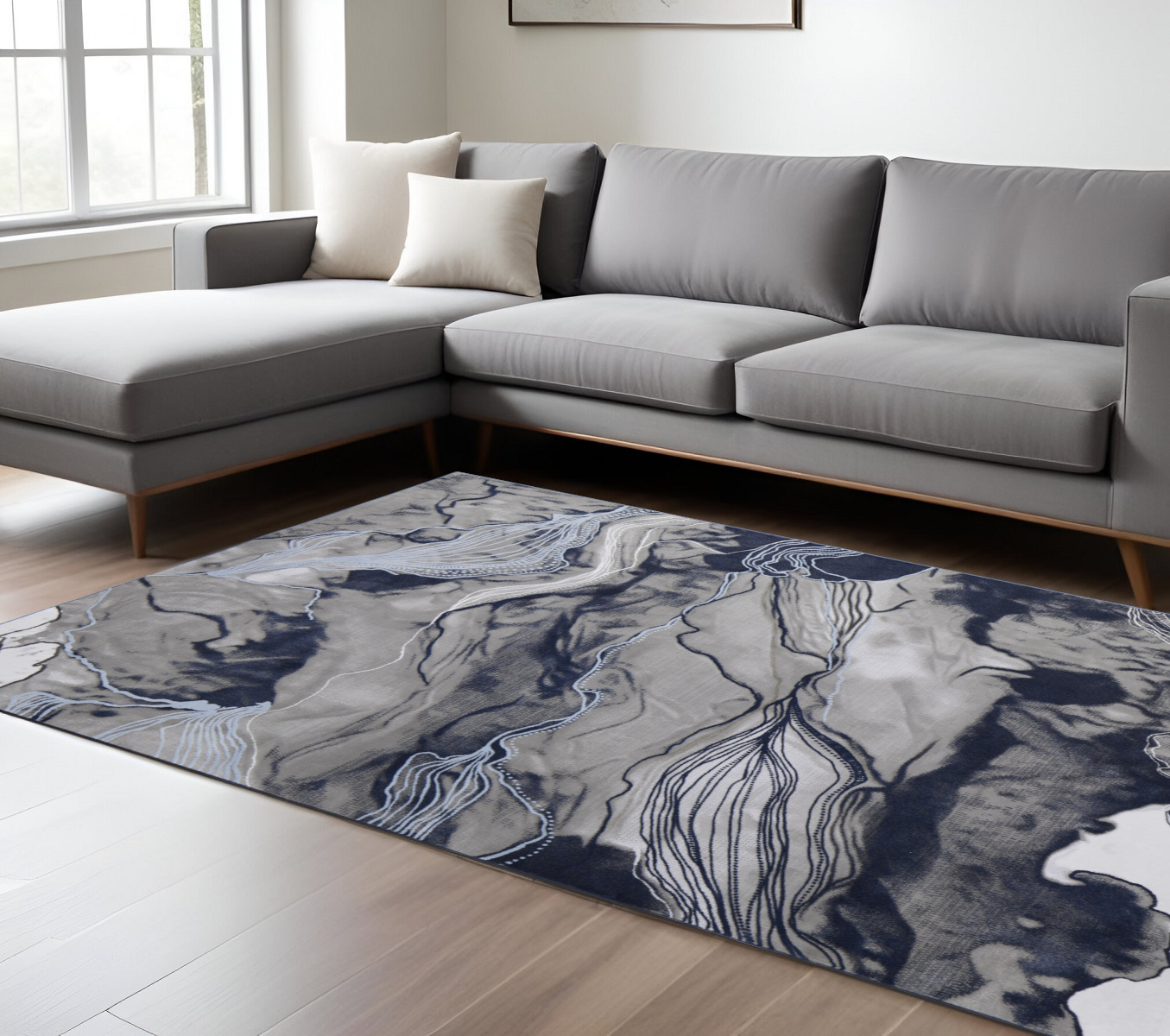 8" X 11" Blue Gray and Ivory Abstract Power Loom Non Skid Area Rug
