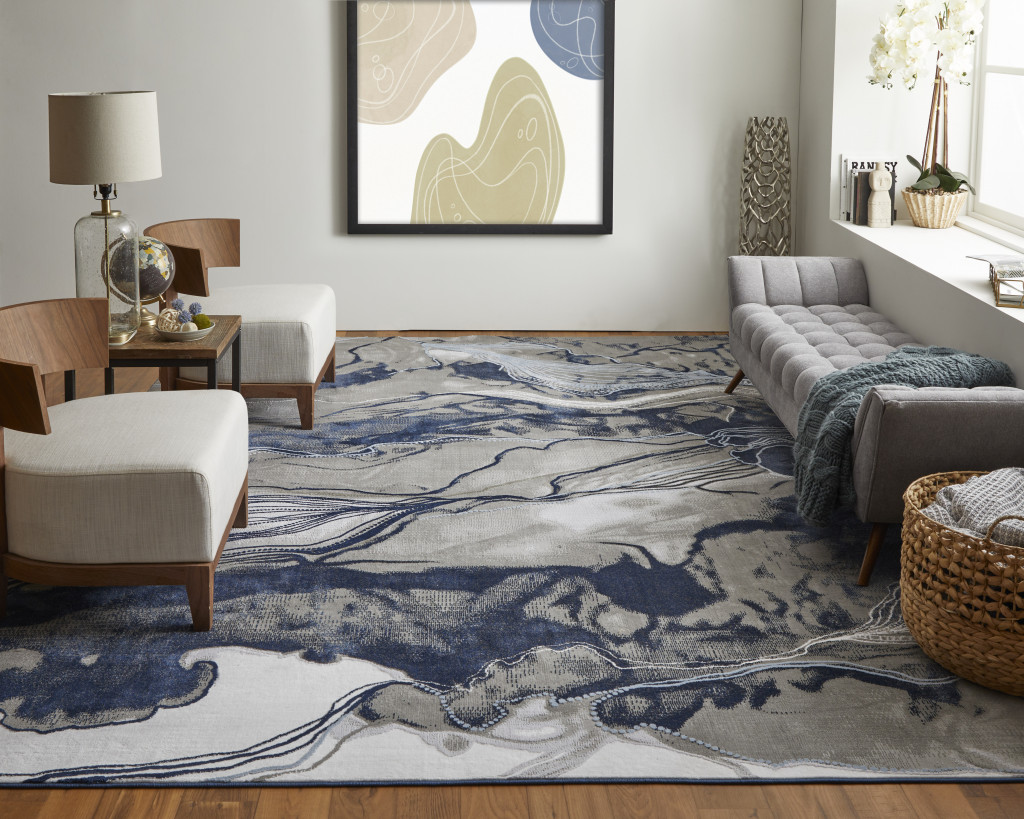 8" X 11" Blue Gray and Ivory Abstract Power Loom Non Skid Area Rug