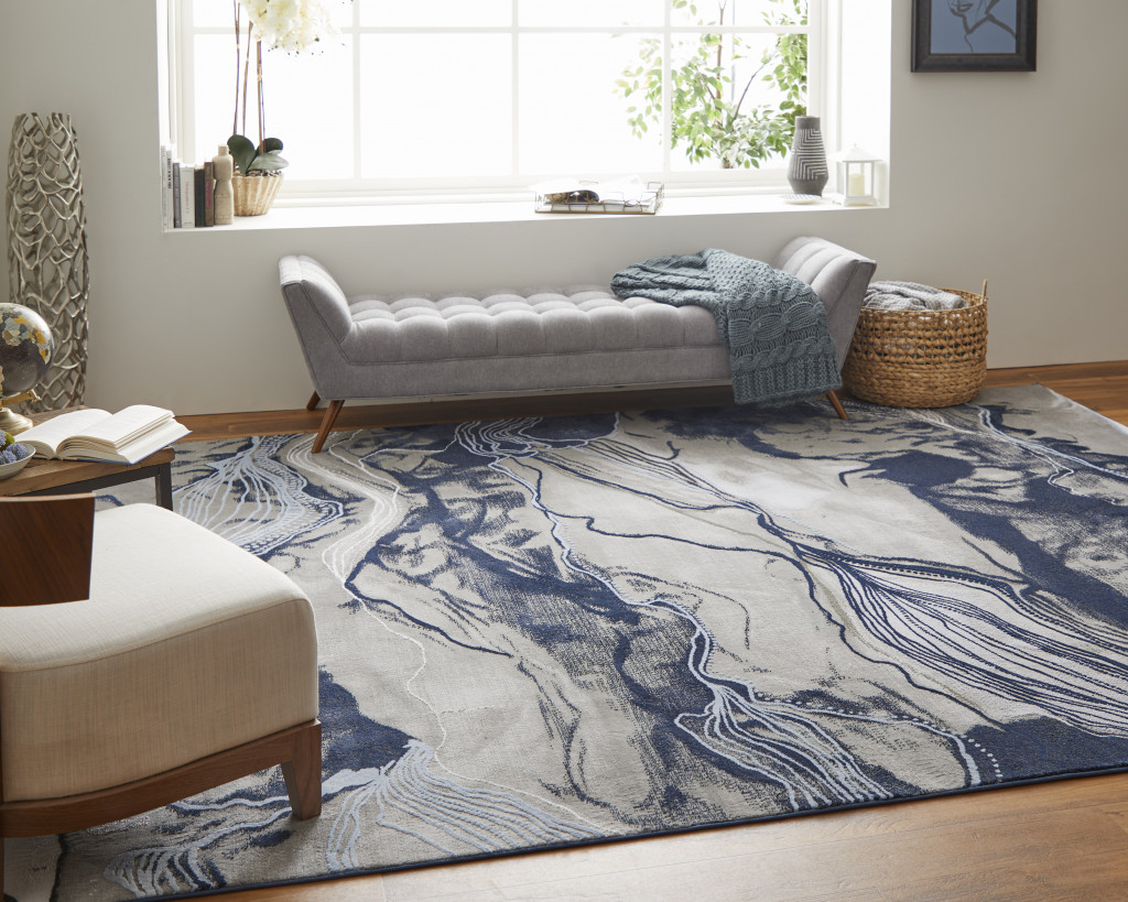 8" X 11" Blue Gray and Ivory Abstract Power Loom Non Skid Area Rug