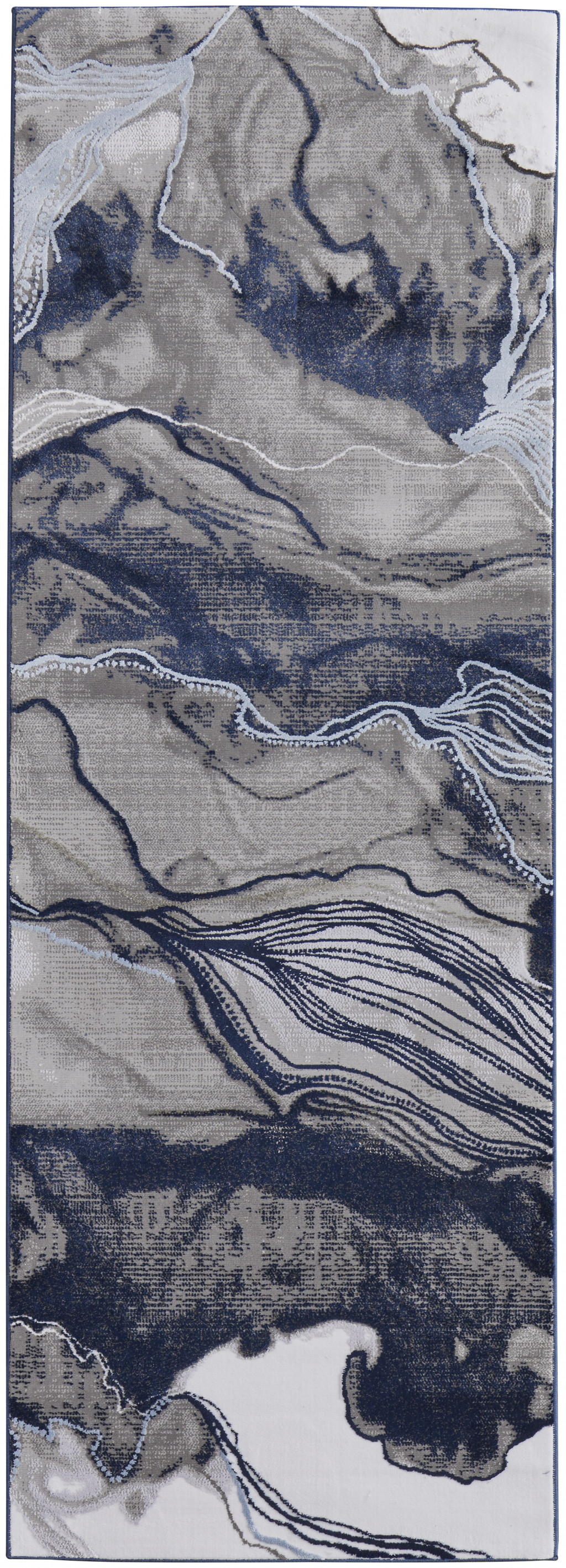 8" Blue Gray And Ivory Abstract Power Loom Runner Rug