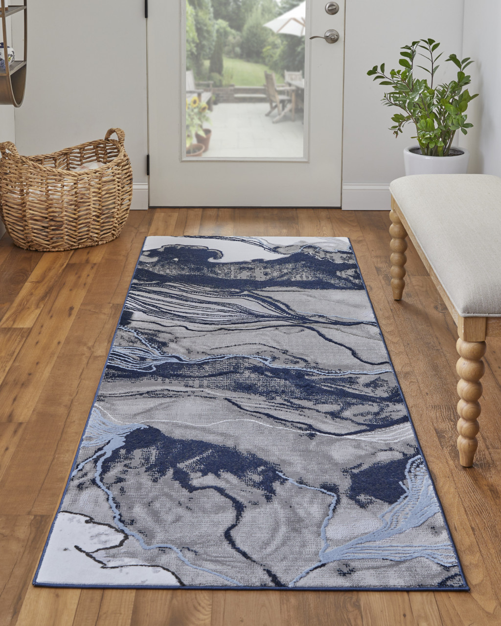 8" Blue Gray And Ivory Abstract Power Loom Runner Rug
