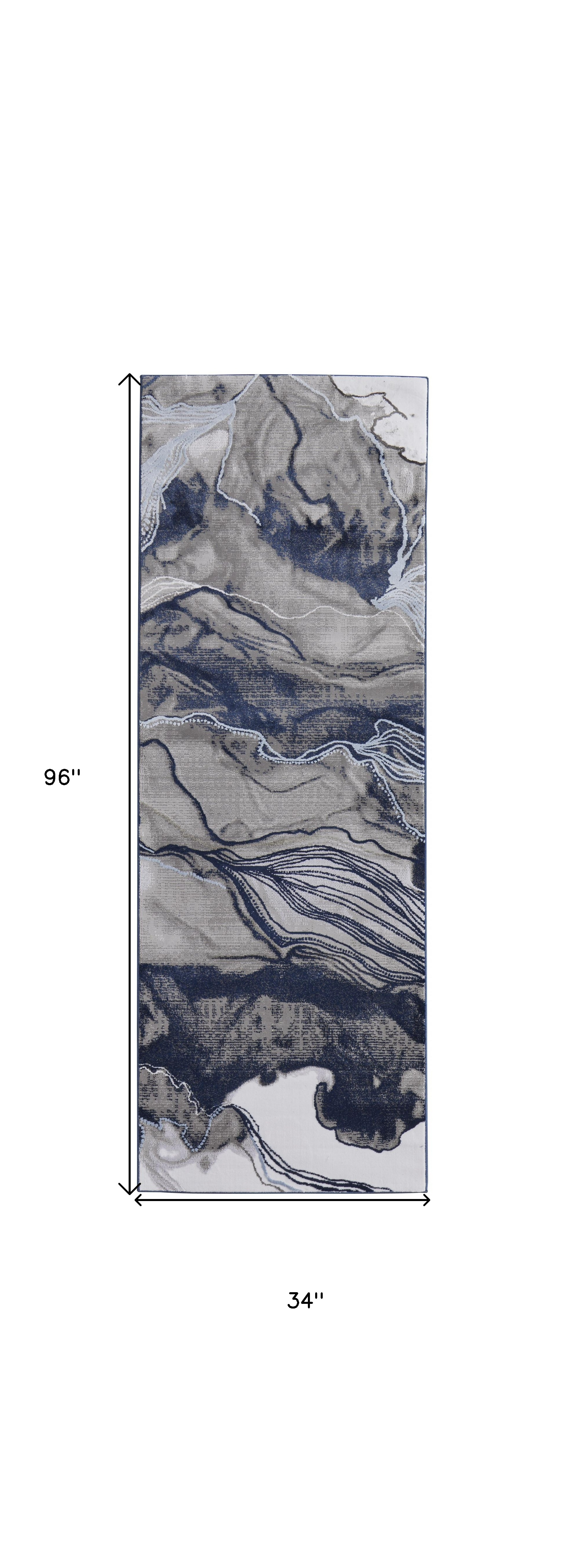 8" Blue Gray And Ivory Abstract Power Loom Runner Rug