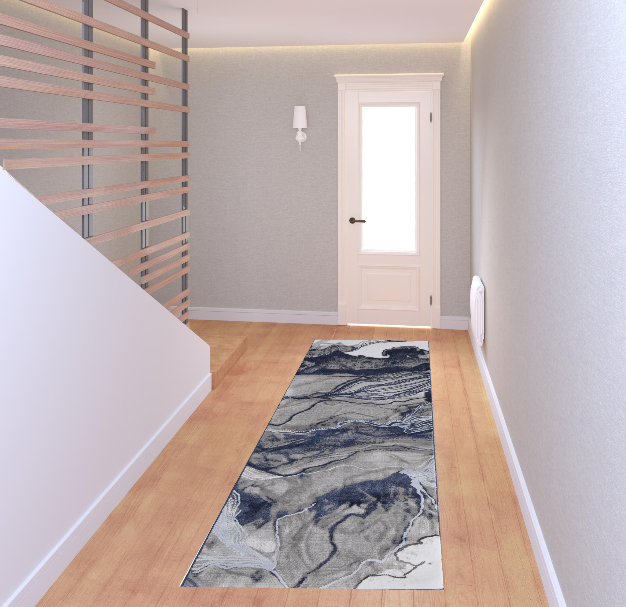 8" Blue Gray And Ivory Abstract Power Loom Runner Rug