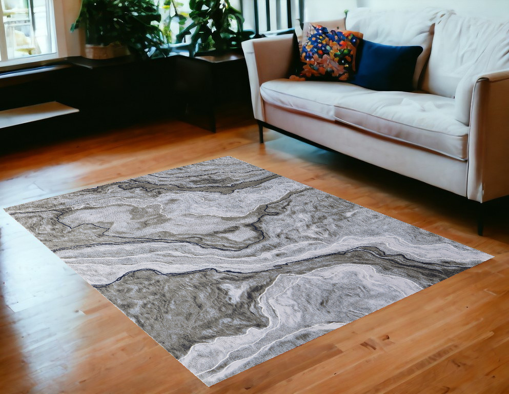 5" X 7" Ivory Blue and Gray Abstract Power Loom Area Rug