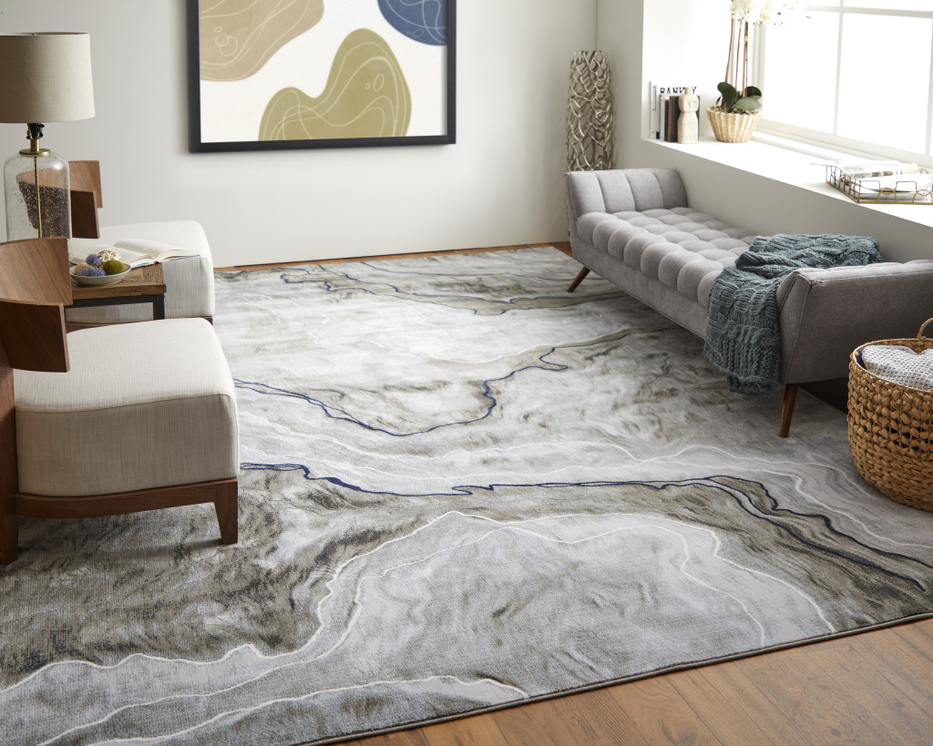 8" X 11" Ivory Blue and Gray Abstract Power Loom Area Rug