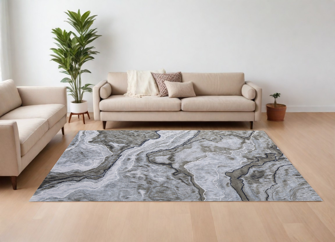 10" X 14" Ivory Blue and Gray Abstract Power Loom Area Rug