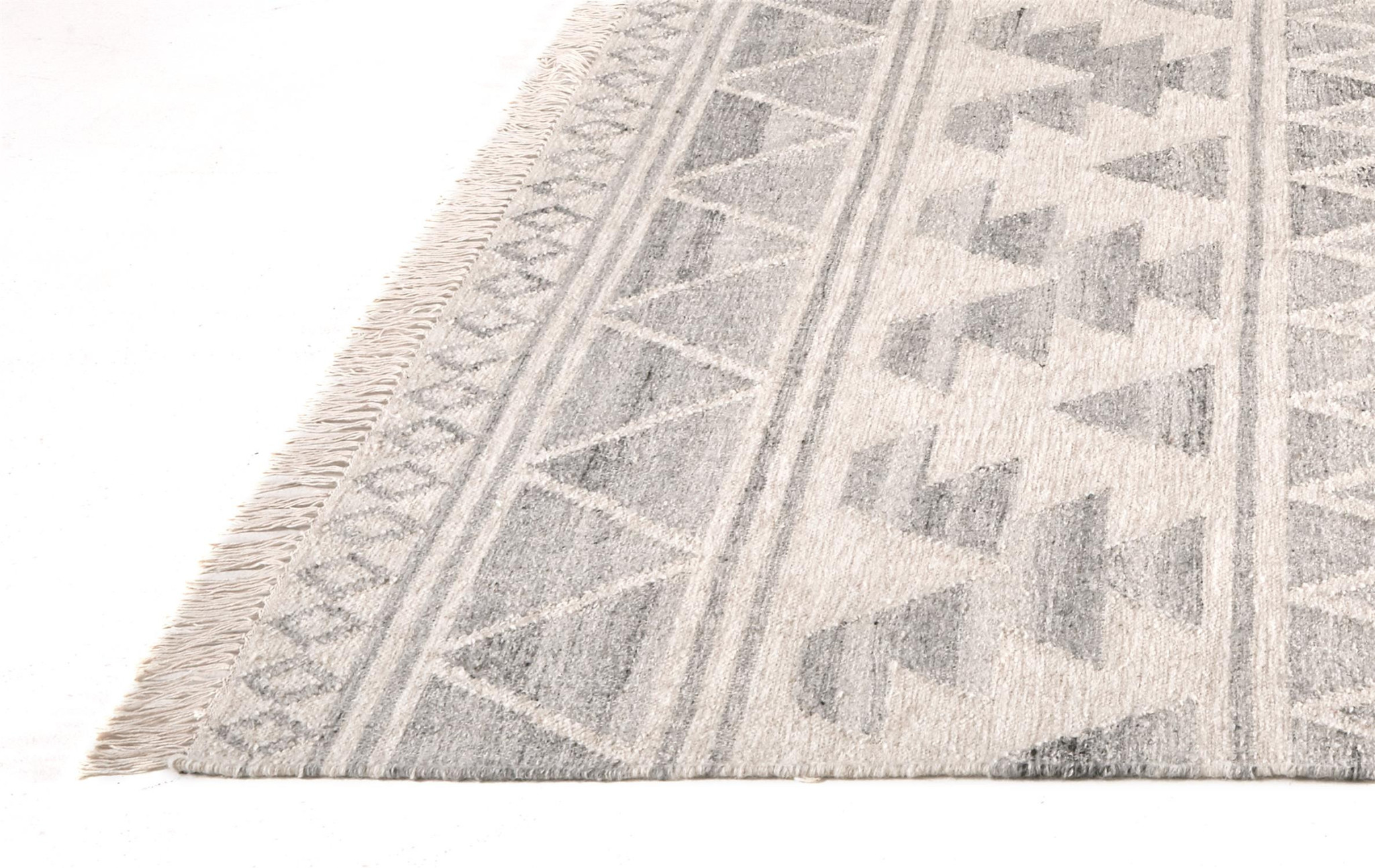 9' X 12' Ivory Gray And Blue Wool Geometric Dhurrie Flatweave Handmade Area Rug With Fringe-511988-1