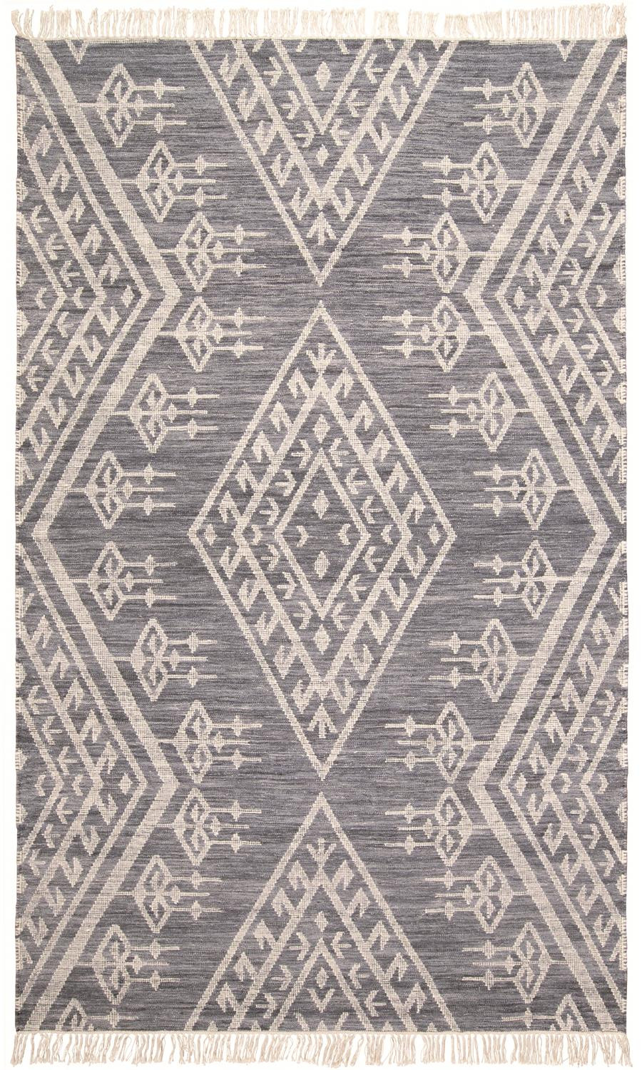 8' X 10' Gray Ivory And Blue Wool Geometric Dhurrie Flatweave Handmade Area Rug With Fringe-511991-1