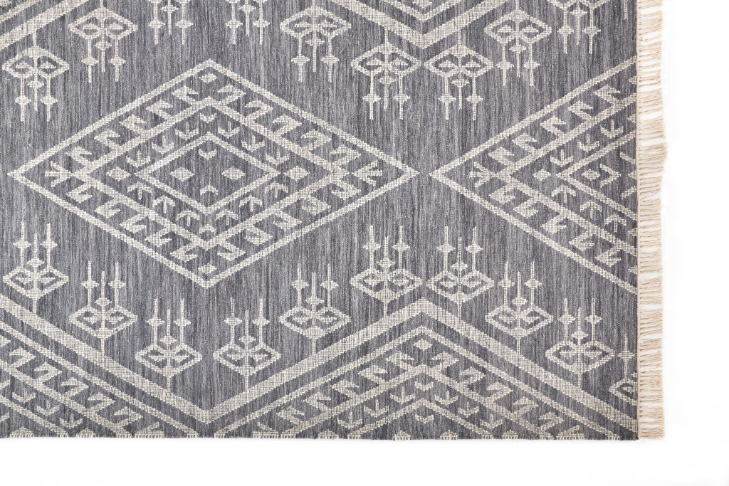 9' X 12' Gray Ivory And Blue Wool Geometric Dhurrie Flatweave Handmade Area Rug With Fringe-511992-1
