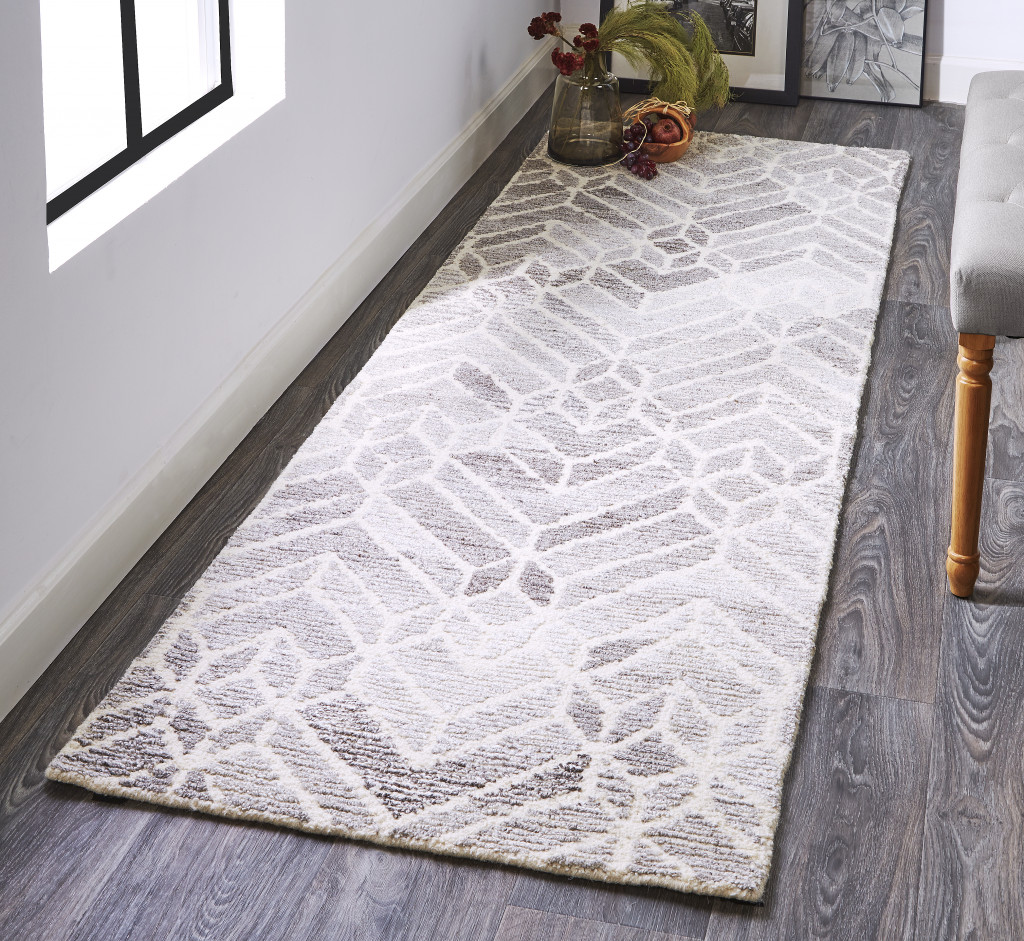 8" Runner Gray and Ivory Wool Geometric Hand Tufted Runner Rug