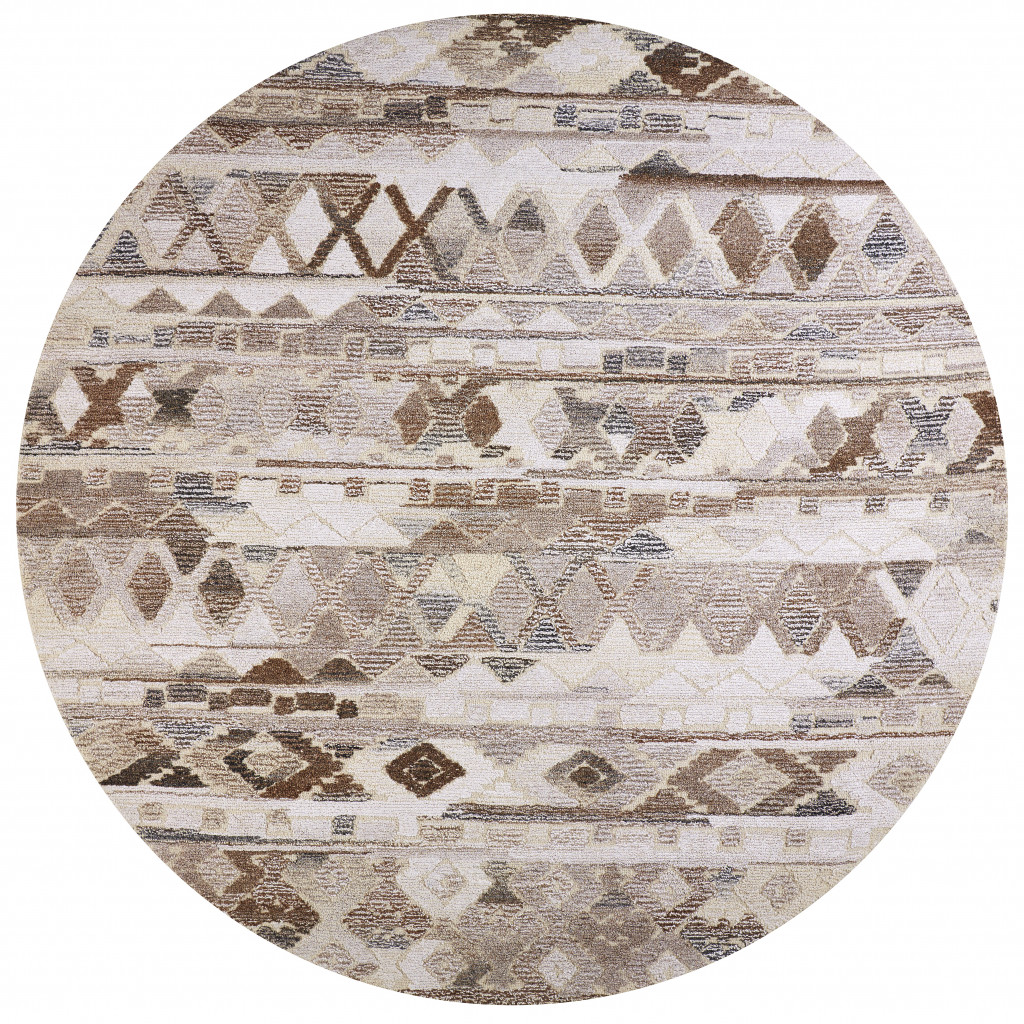 8' Ivory Tan And Gray Round Wool Abstract Tufted Handmade Area Rug-512036-1