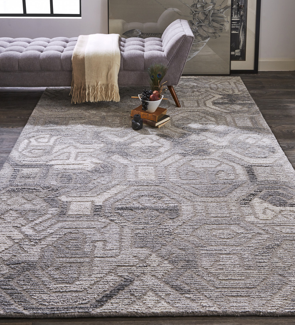 8" X 10" Gray and Ivory Wool Abstract Hand Tufted Area Rug