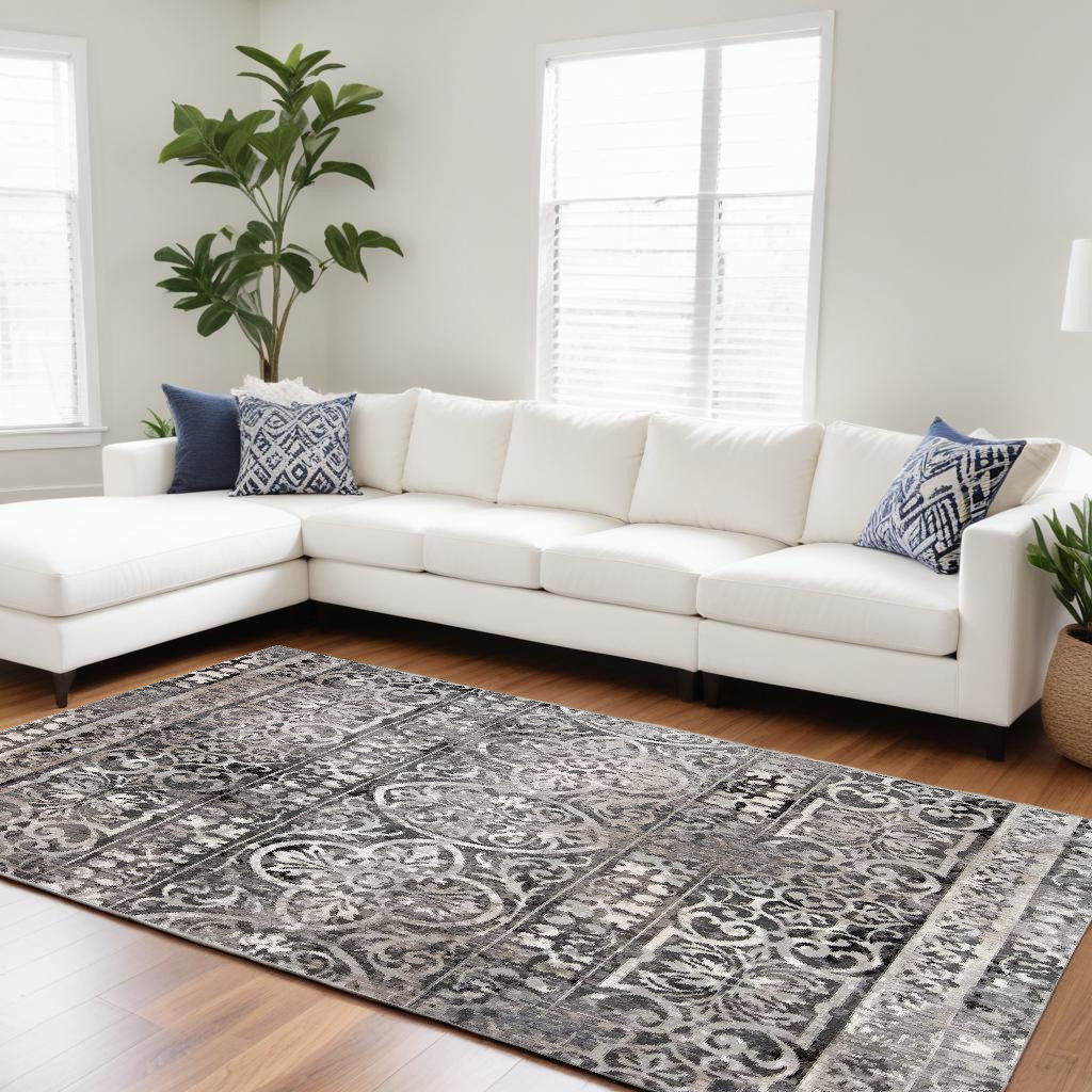 7" X 10" Gray Ivory And Taupe Abstract Stain Resistant Area Rug