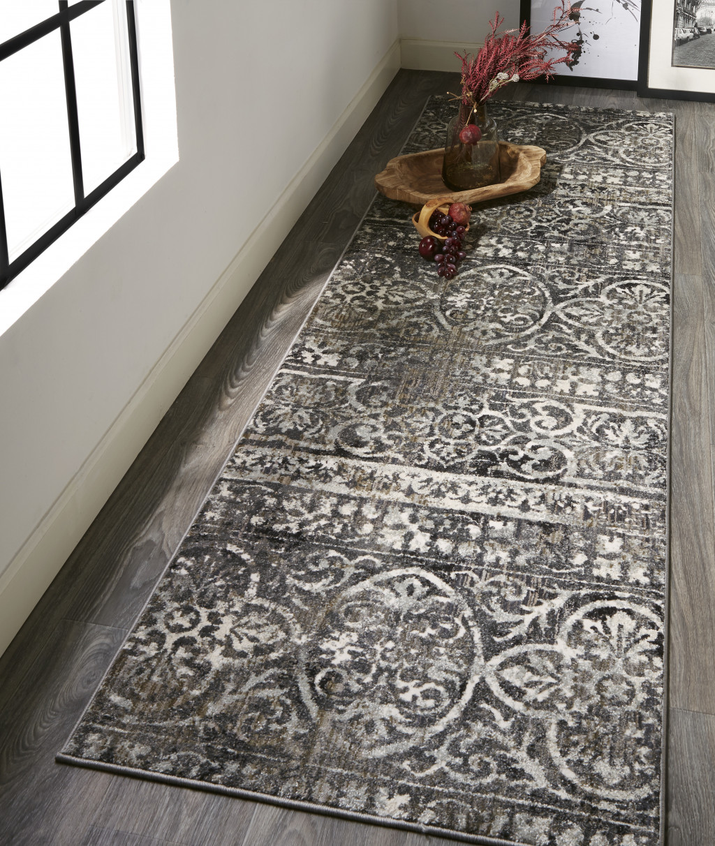 8" Gray and Ivory Abstract Runner Rug